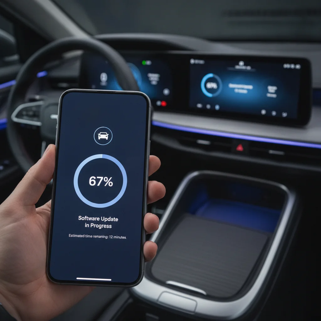 Smartphone showing EV software update progress screen with vehicle dashboard visible in background