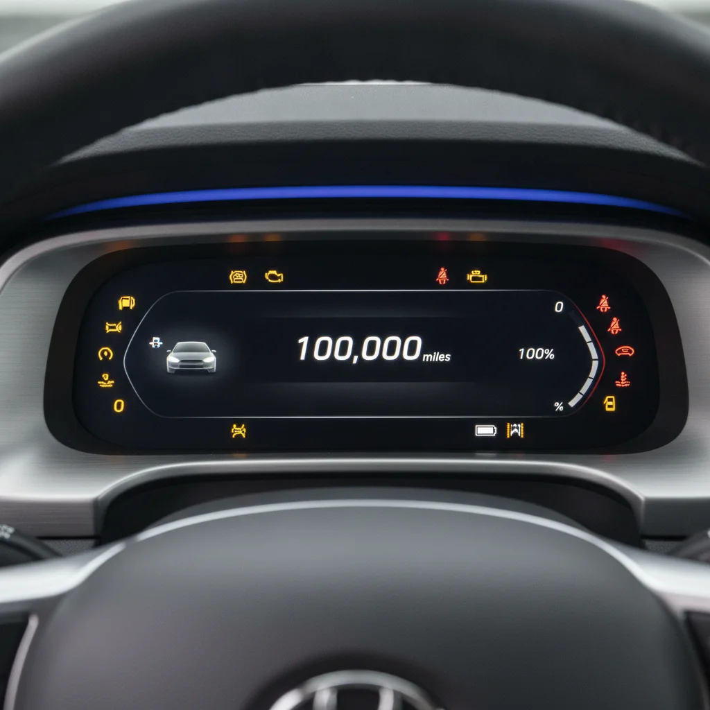 Electric vehicle instrument cluster showing 100,000-mile odometer reading with all systems clear