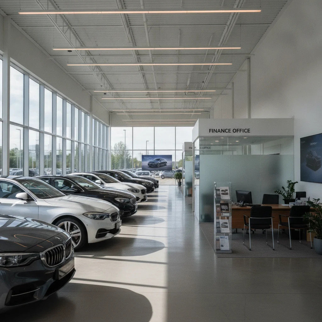 Car dealership showroom floor with vehicles and a finance office in the background