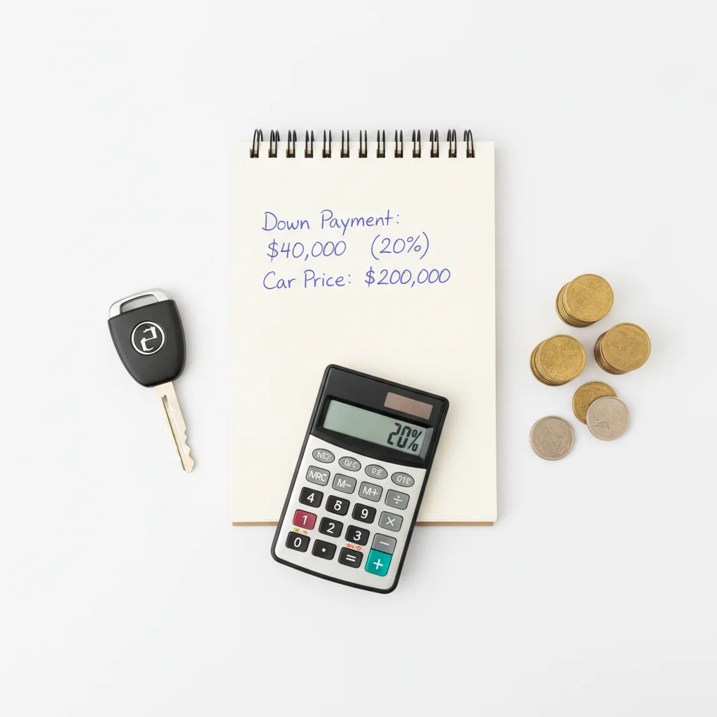 Notepad with down payment calculations, calculator, car keys, and stacked coins on white surface