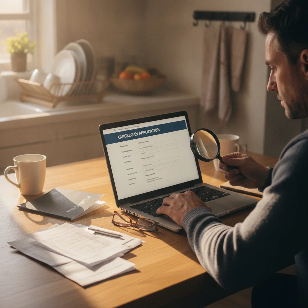 Person reviewing pay stubs and bank statements while filling out an online loan application