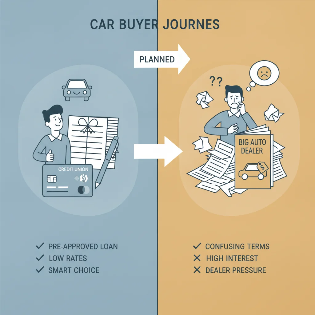 Split image contrasting an organized prepared car buyer versus an unprepared buyer at a dealership