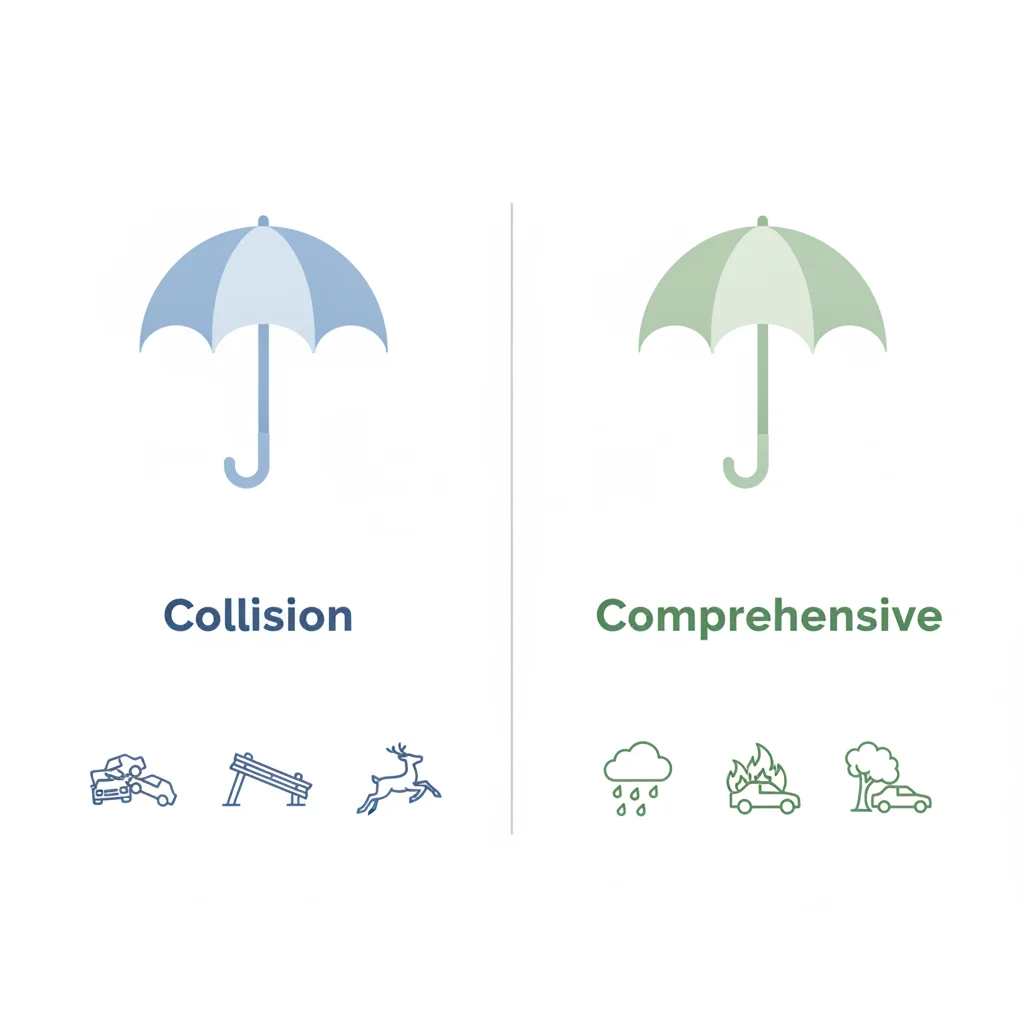 Illustrated diagram showing collision and comprehensive coverage as two separate umbrellas with covered event icons