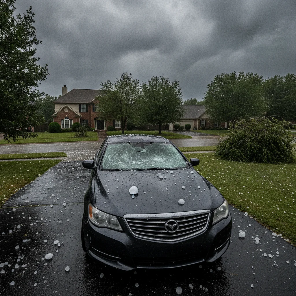 A car with hail damage — cracked windshield and dented roof — parked in a suburban driveway after a storm