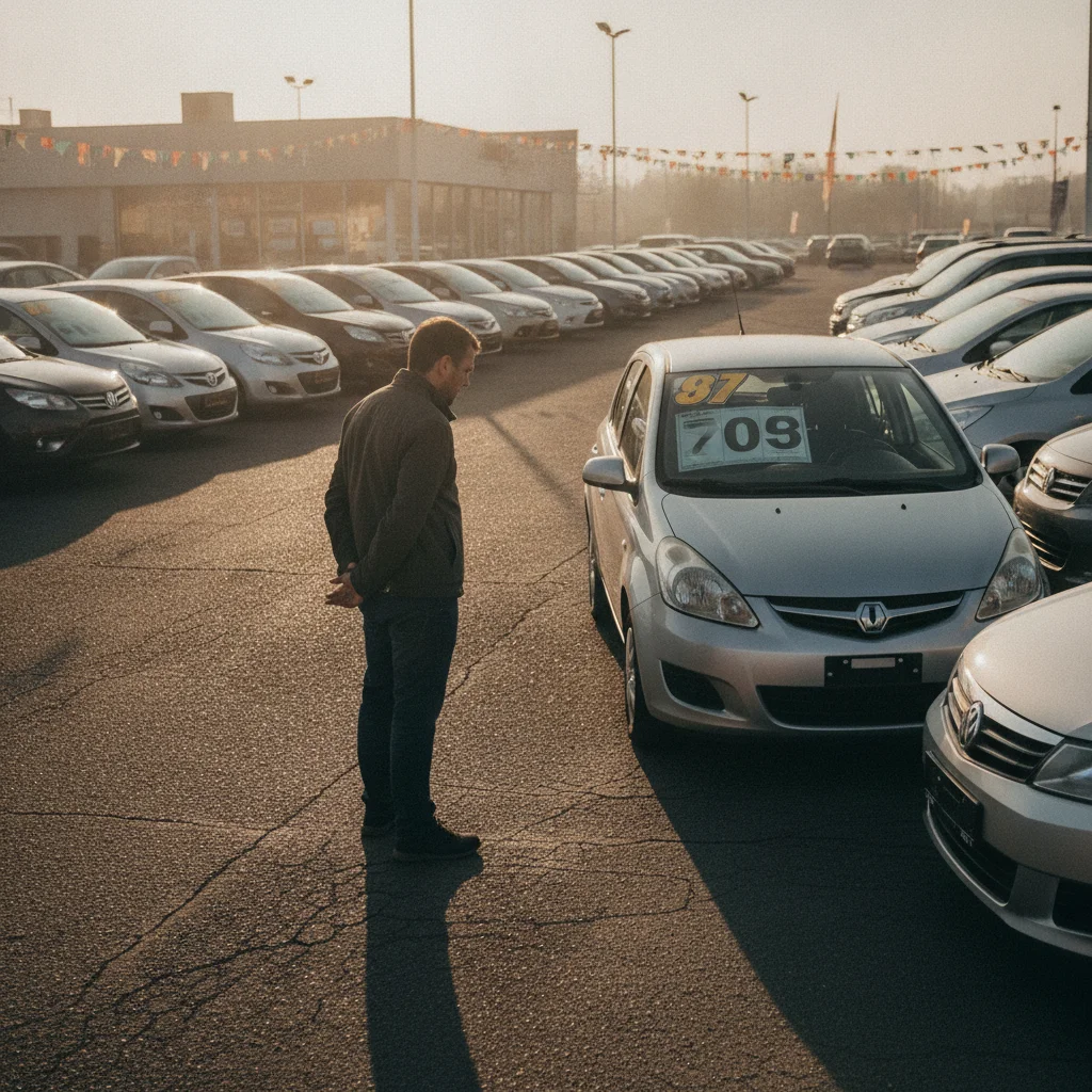 A person examining a used car on a dealership lot with price stickers visible on the windshields