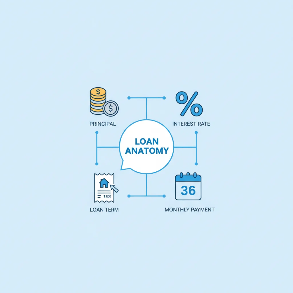 Flat lay diagram illustrating the four main components of an auto loan: principal, interest, term, and payment