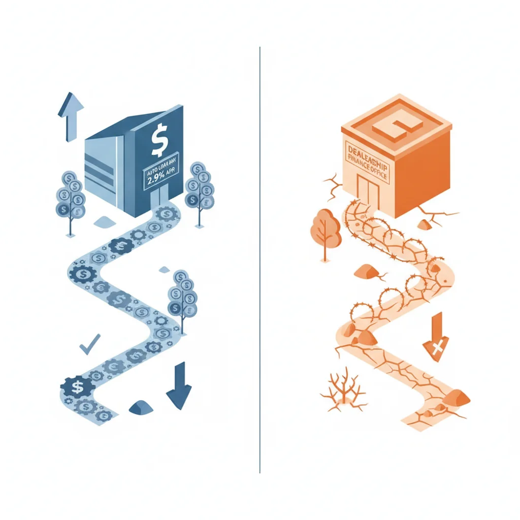 Split illustration comparing financing through a credit union versus a dealership finance office