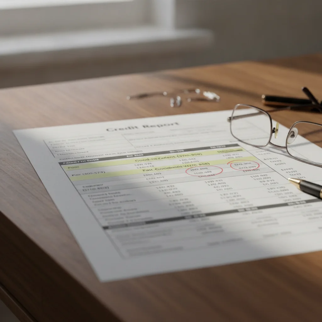 A credit report with highlighted score tiers and payment history sections on a desk