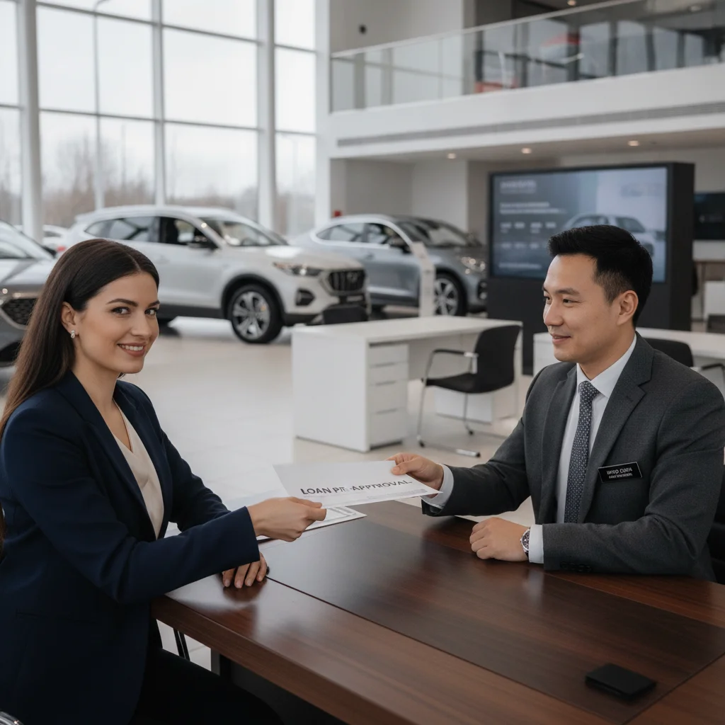 A car buyer presenting a preapproval letter to a dealership finance manager at a negotiating desk