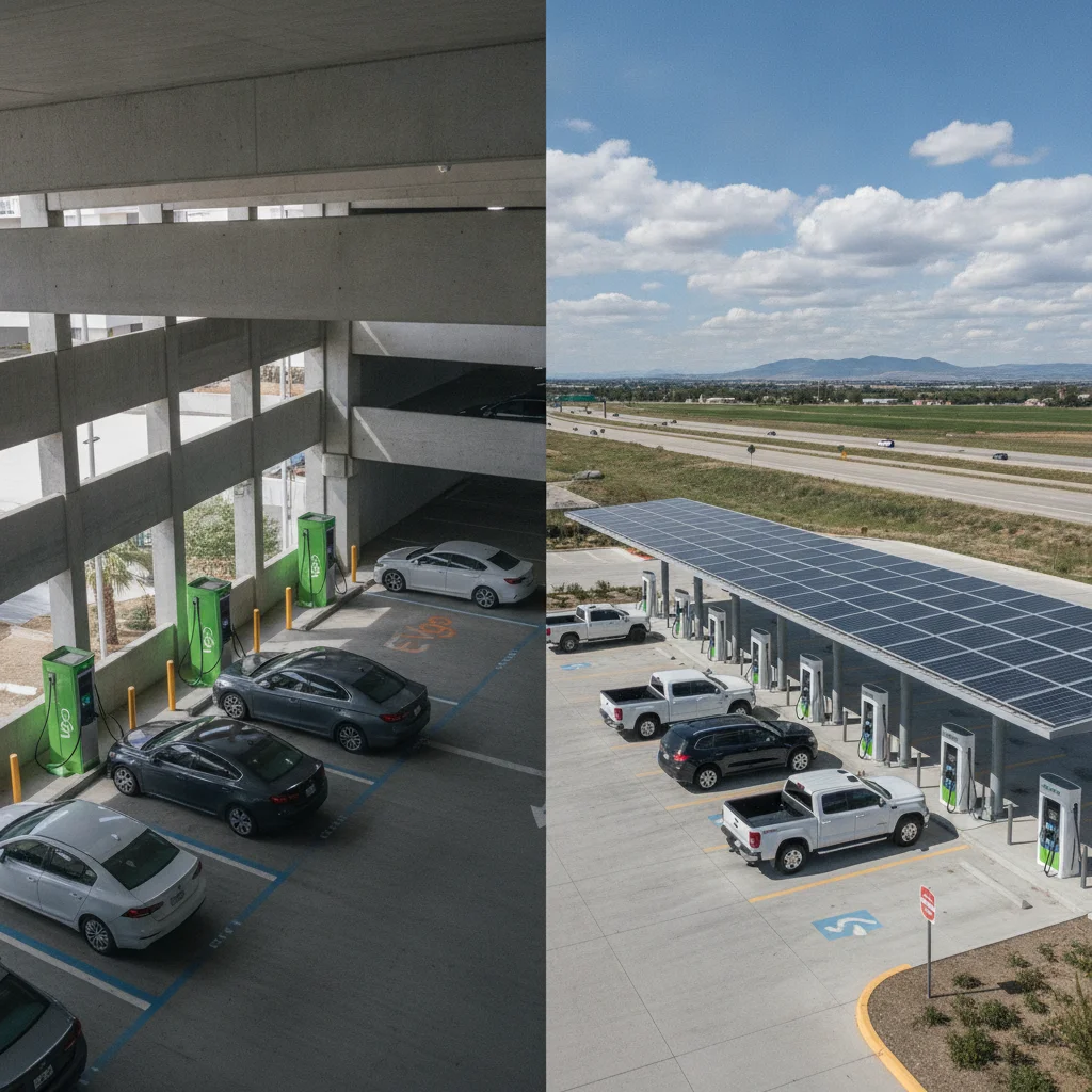 Split comparison of EVgo urban parking garage charging station and Electrify America highway charging plaza