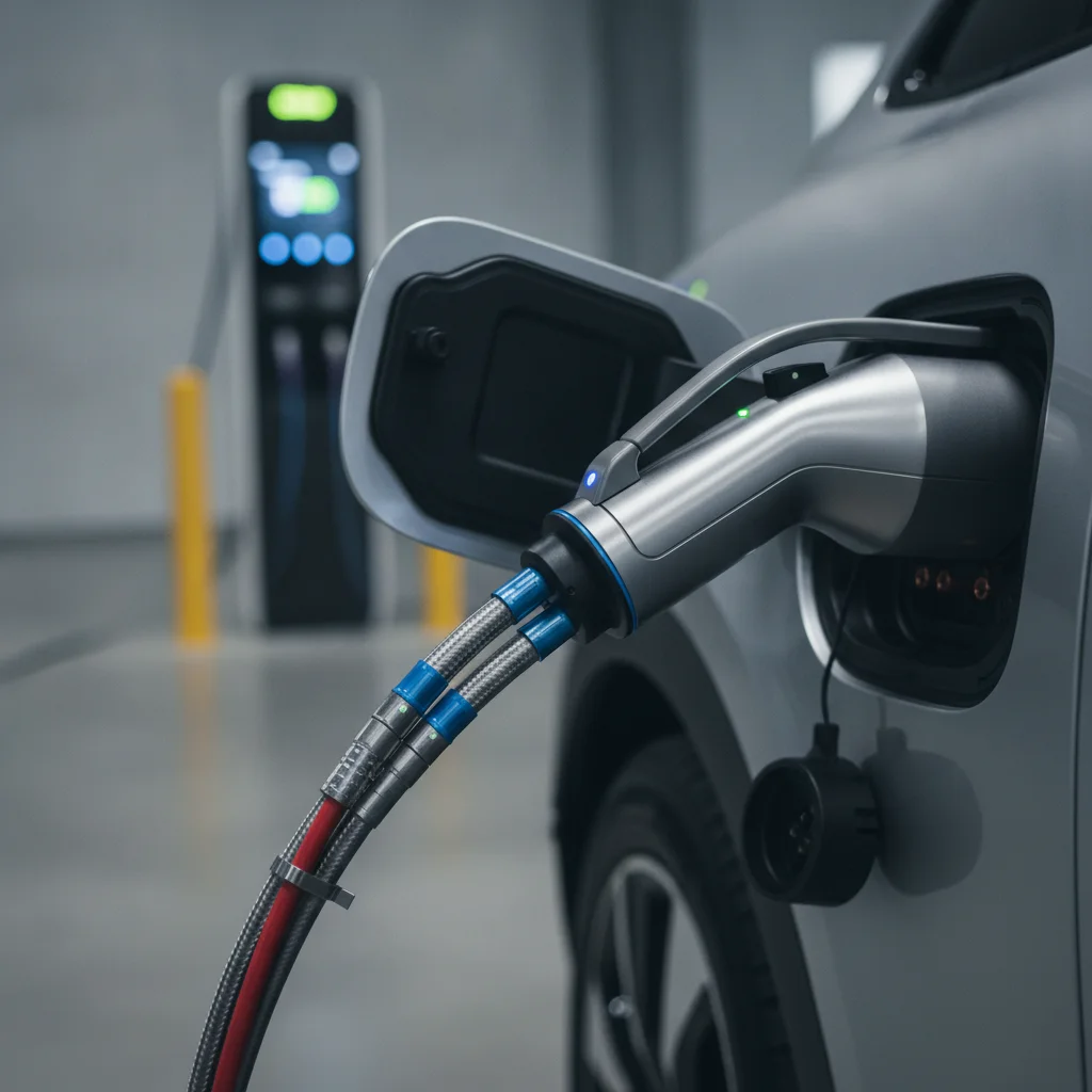 Liquid-cooled CCS charging cable connected to an electric vehicle at a DC fast-charging station