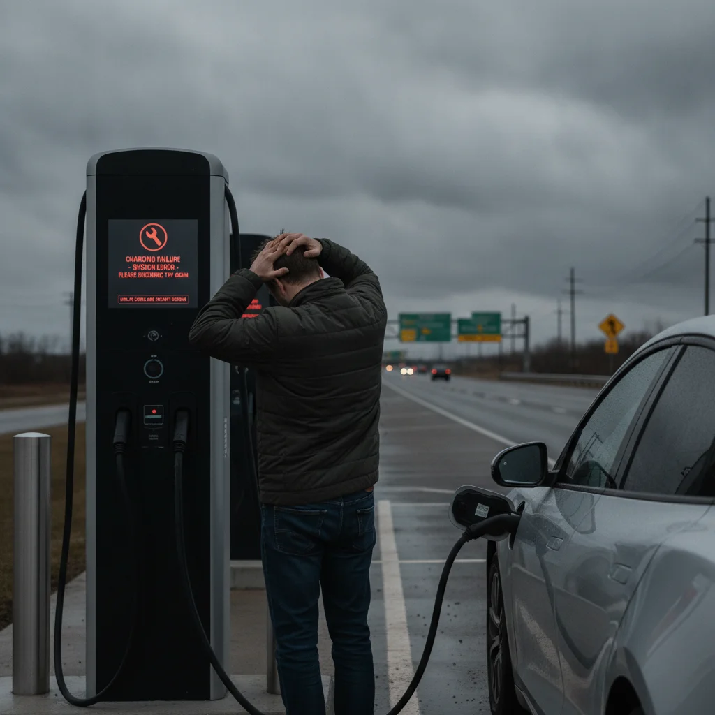 EV driver examining an out-of-service error message on a public DC fast-charging station screen