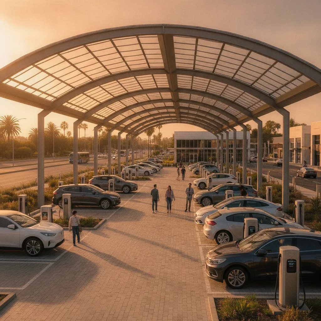 Modern EV charging plaza with multiple electric vehicles charging under a canopy at golden hour