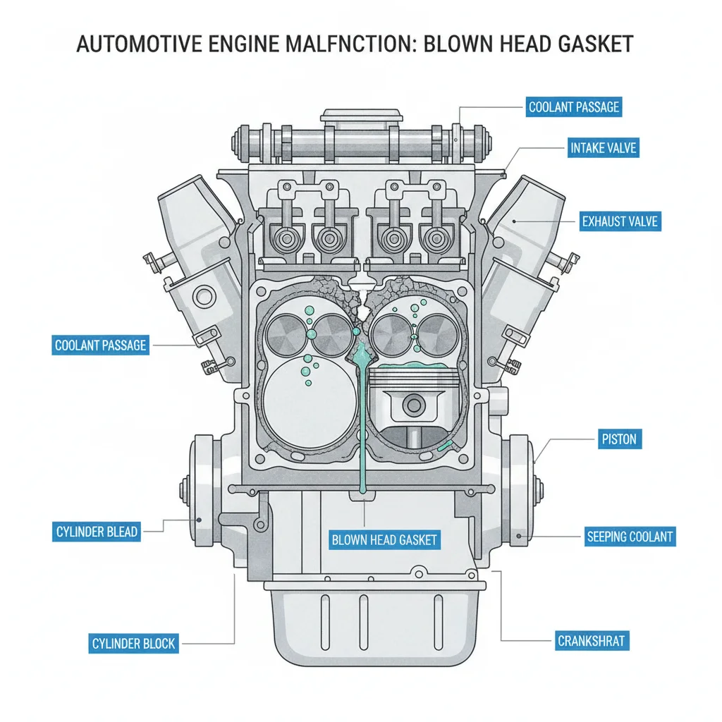 Technical cutaway diagram showing coolant leaking into engine cylinder through a blown head gasket.