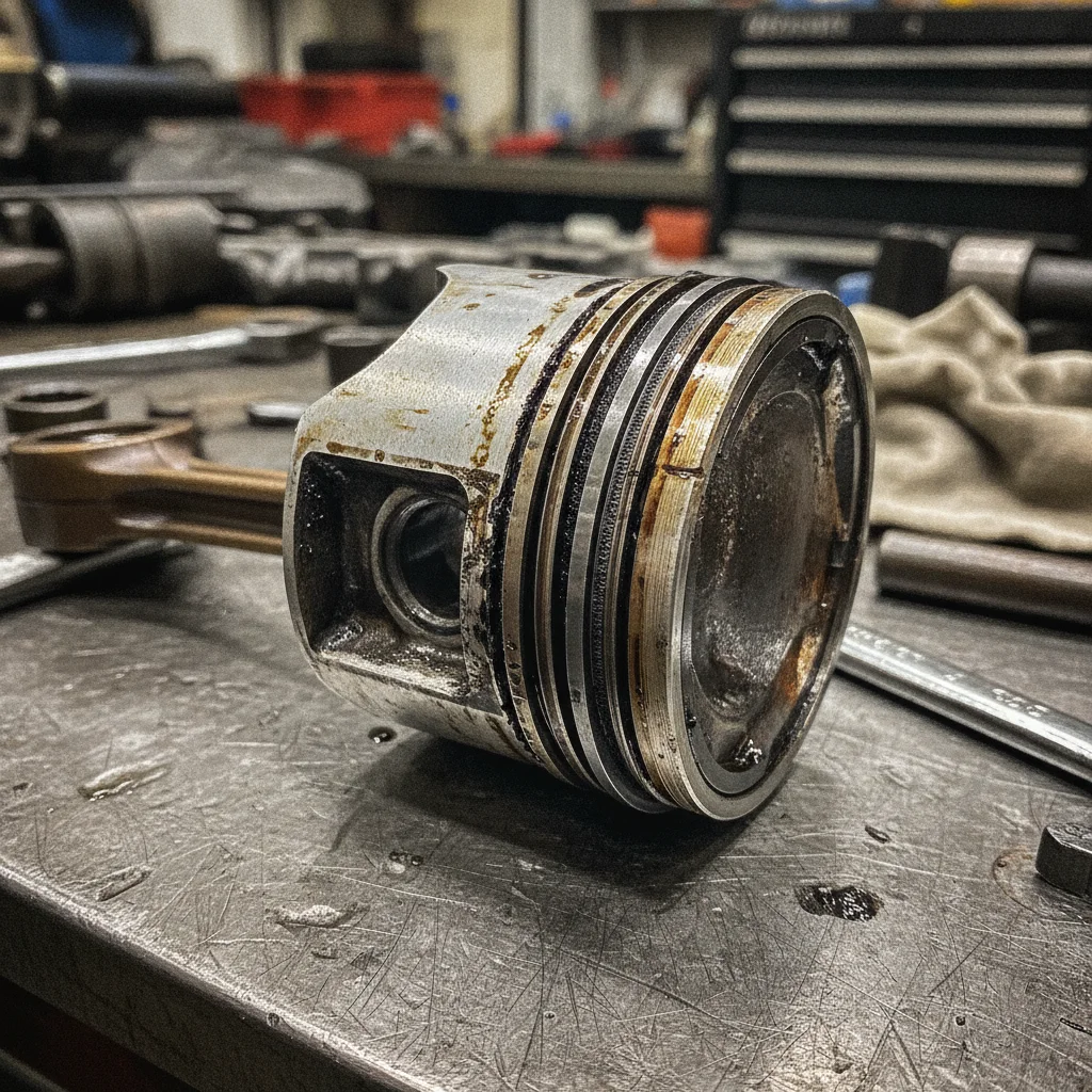 Worn piston rings removed from engine cylinder showing oil residue and wear damage.