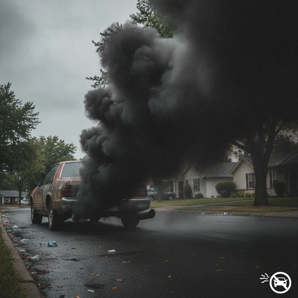 Car emitting thick black exhaust smoke from tailpipe on a suburban street.