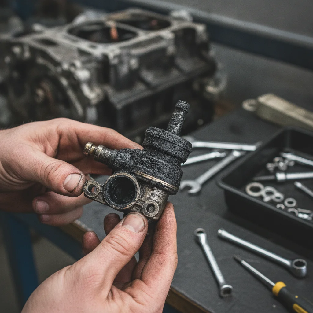 Mechanic holding carbon-clogged EGR valve removed from a vehicle engine.