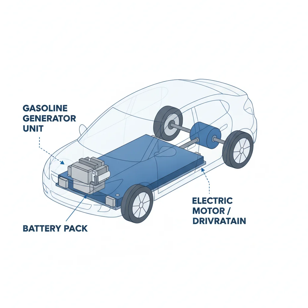 Cutaway diagram of an EREV showing battery, electric motor, and gasoline generator as separate components