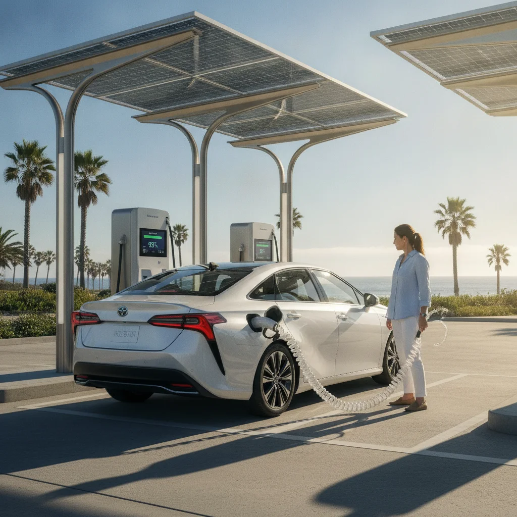 A fuel-cell electric vehicle being refueled with hydrogen at a modern hydrogen station