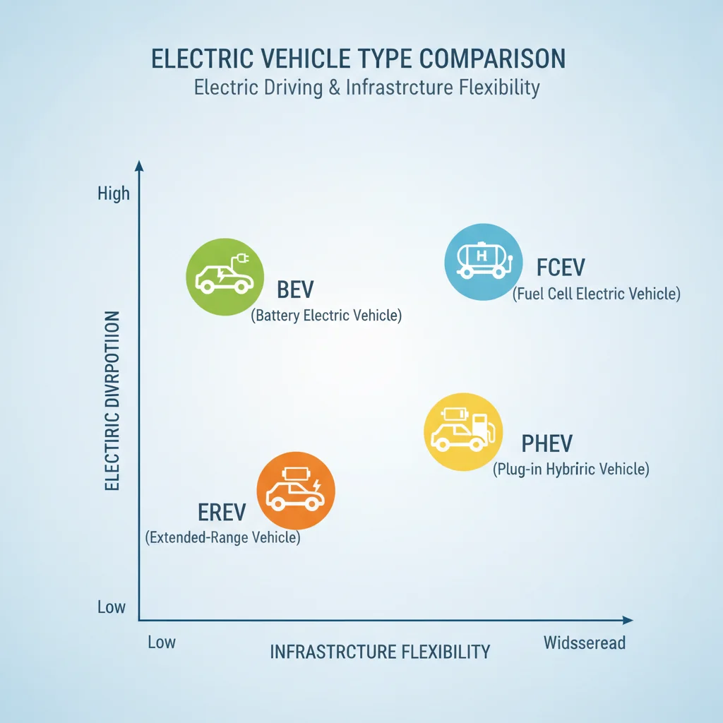 Comparison chart plotting BEV, PHEV, EREV, and FCEV by electric driving proportion and infrastructure flexibility