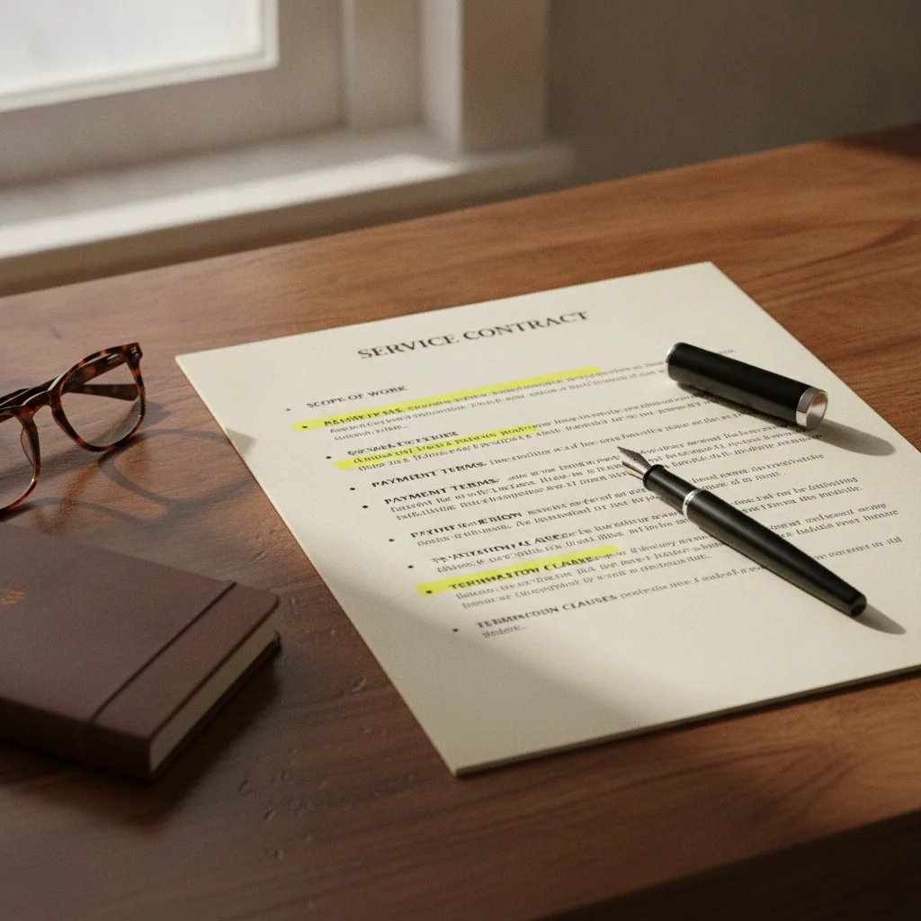 Service contract document with highlighted sections including claims procedure and cancellation terms on a desk