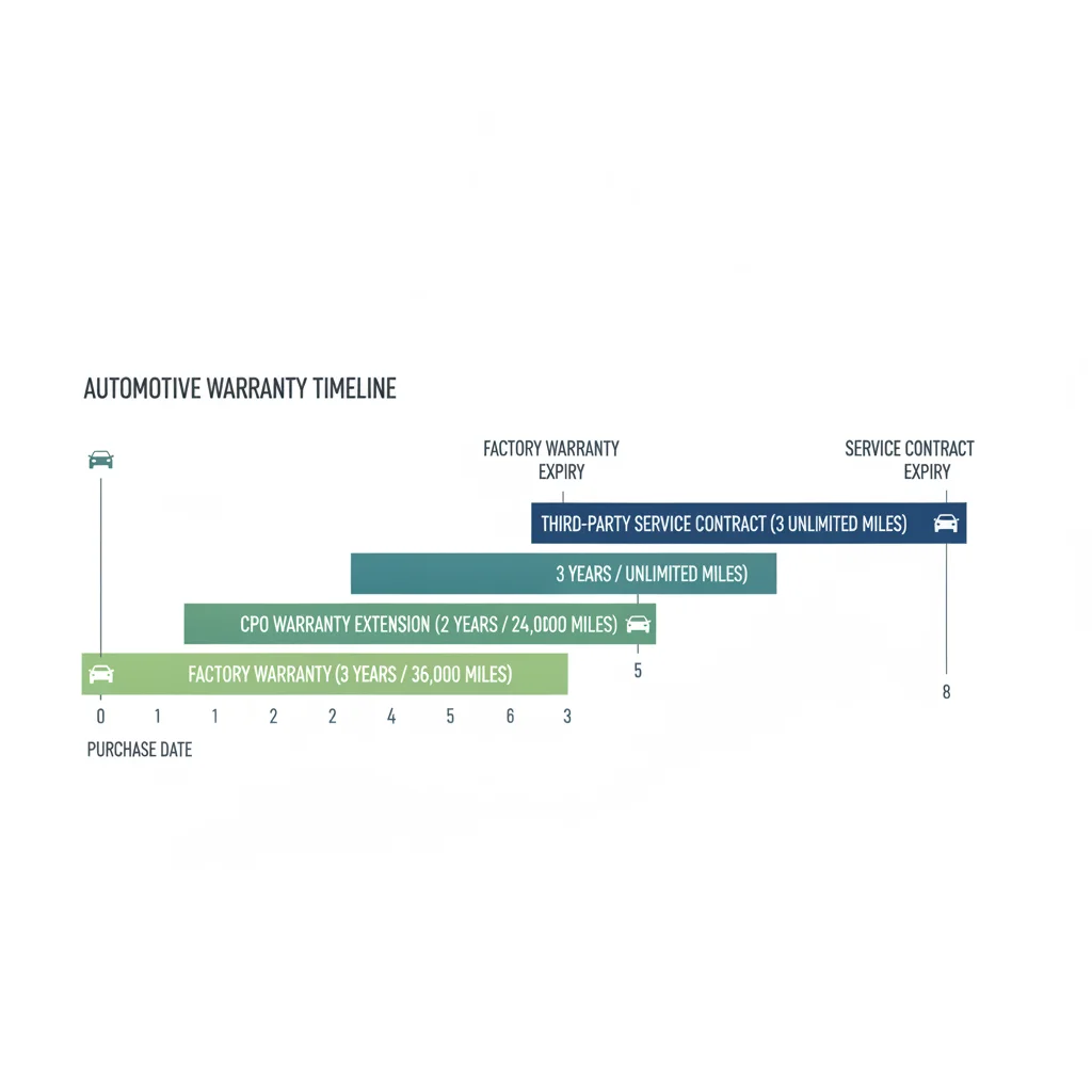 Timeline infographic showing factory warranty, CPO warranty, and service contract coverage periods layered over a vehicle's lifespan