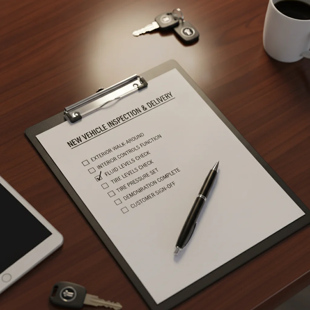 Checklist on a clipboard at a car dealership desk representing service contract evaluation steps