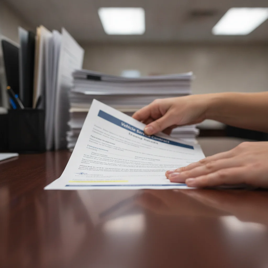 Finance manager sliding a vehicle service contract document across a dealership desk toward a buyer.