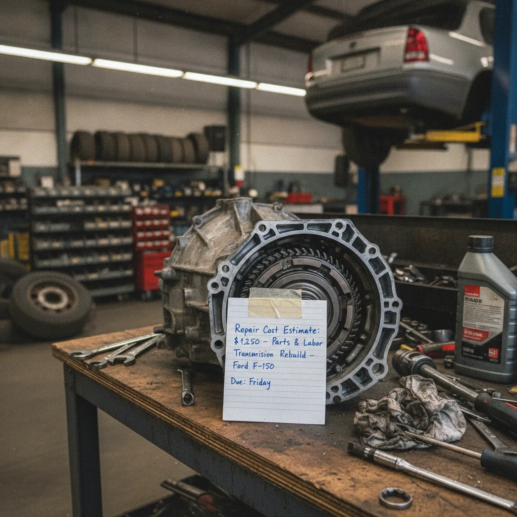 Car transmission component on a mechanic's workbench with a repair cost estimate slip attached.