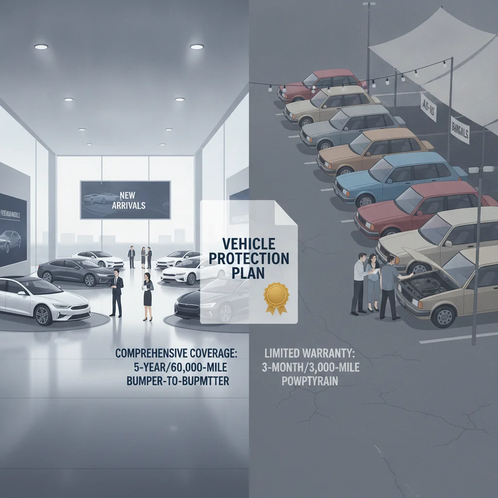 Split view comparing a new car showroom and a used car lot with a warranty document in the middle.