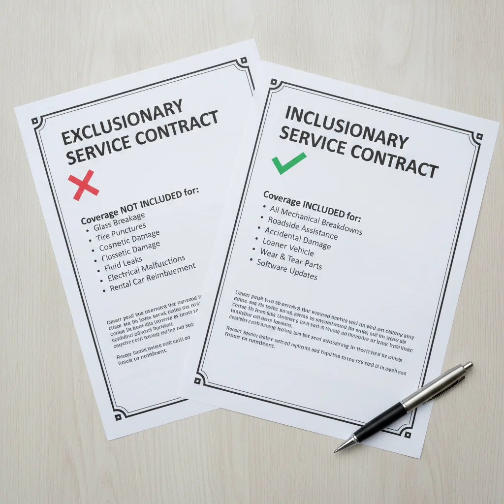 Two used car service contracts side by side showing exclusionary versus inclusionary coverage structure