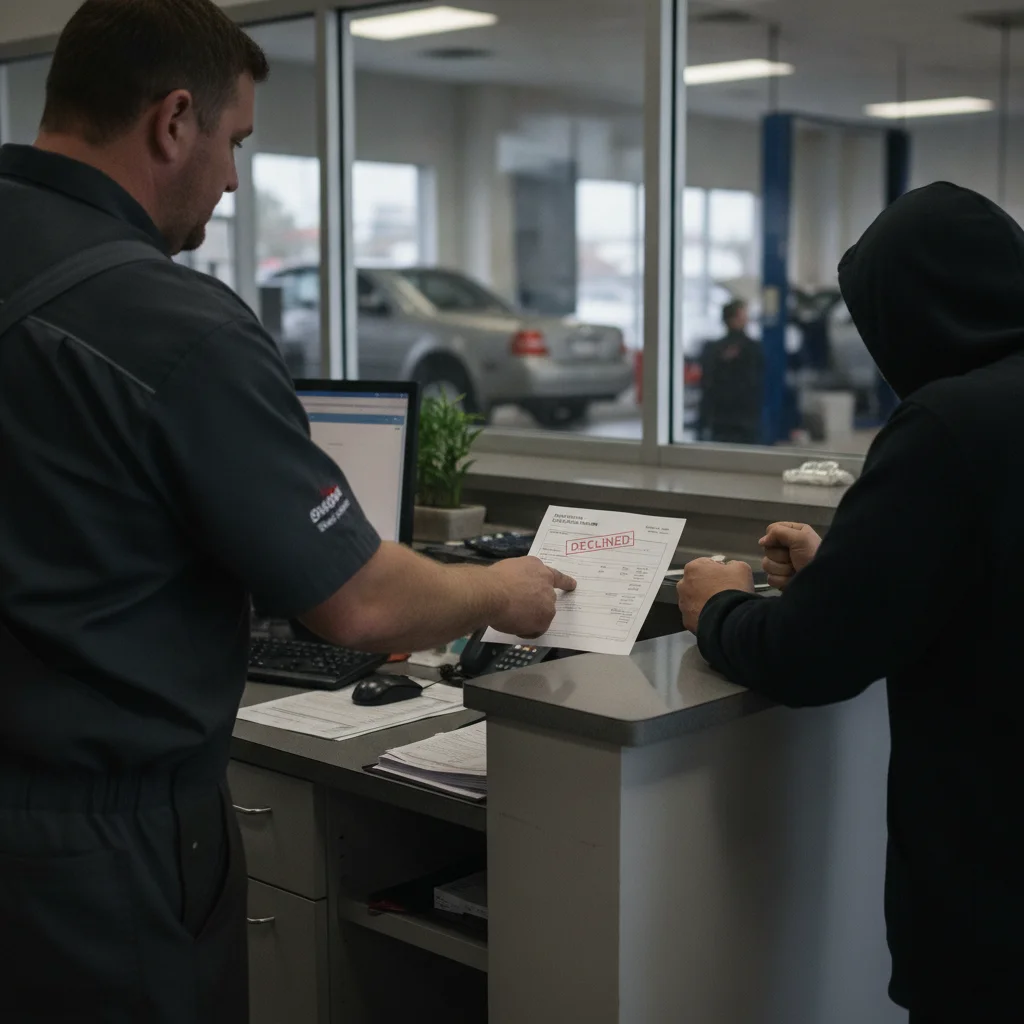 A car owner receiving a declined warranty claim at a dealership service counter