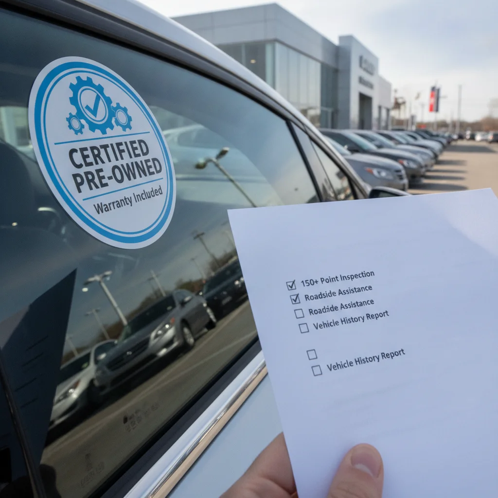 A certified pre-owned sticker on a vehicle window at a dealership with an inspection checklist in the foreground