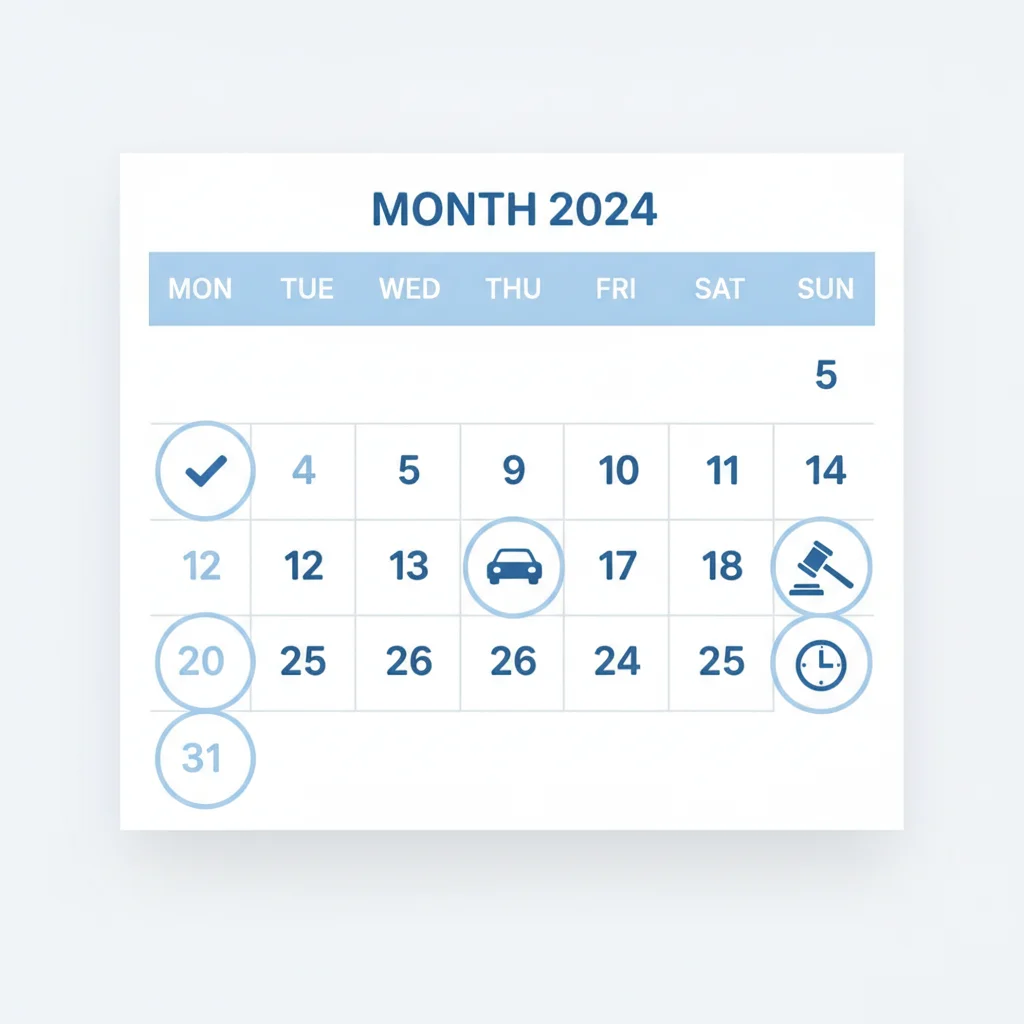 A calendar with circled dates and icons representing violation expiry and insurance renewal milestones