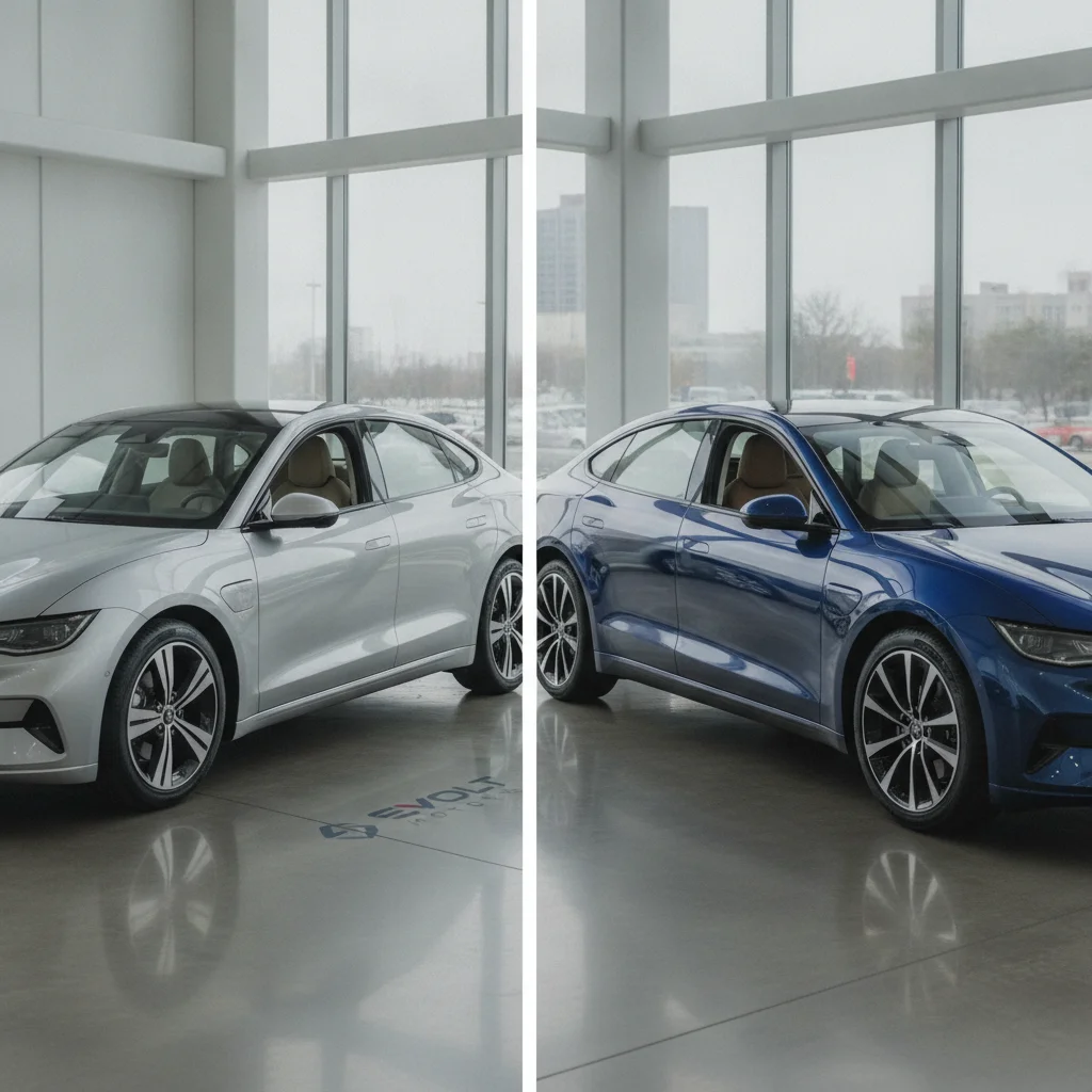 Two electric vehicles side by side at a dealership showing base model versus premium trim level