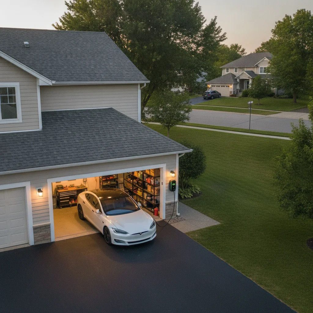 Level 2 home EV charger mounted on garage wall with electric vehicle plugged in