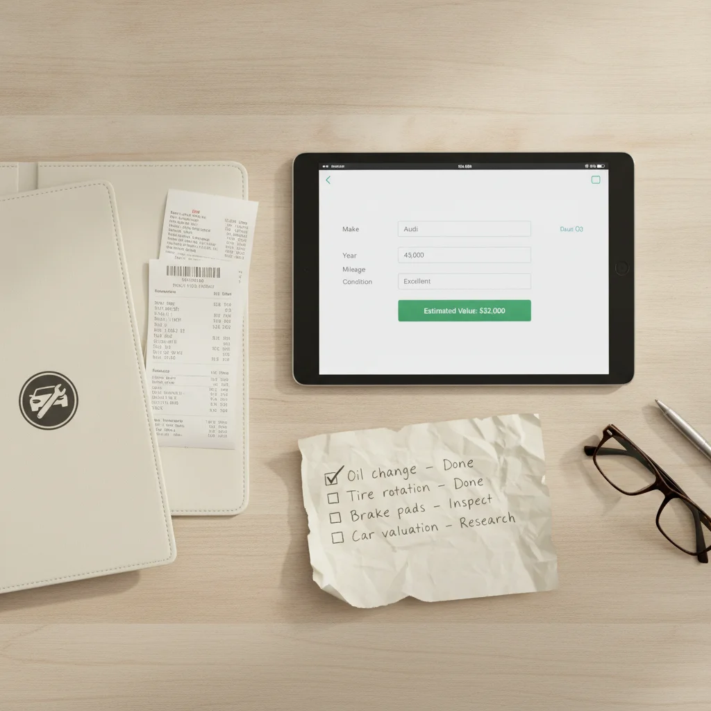 Tablet showing car valuation tool interface alongside physical service records and maintenance receipts
