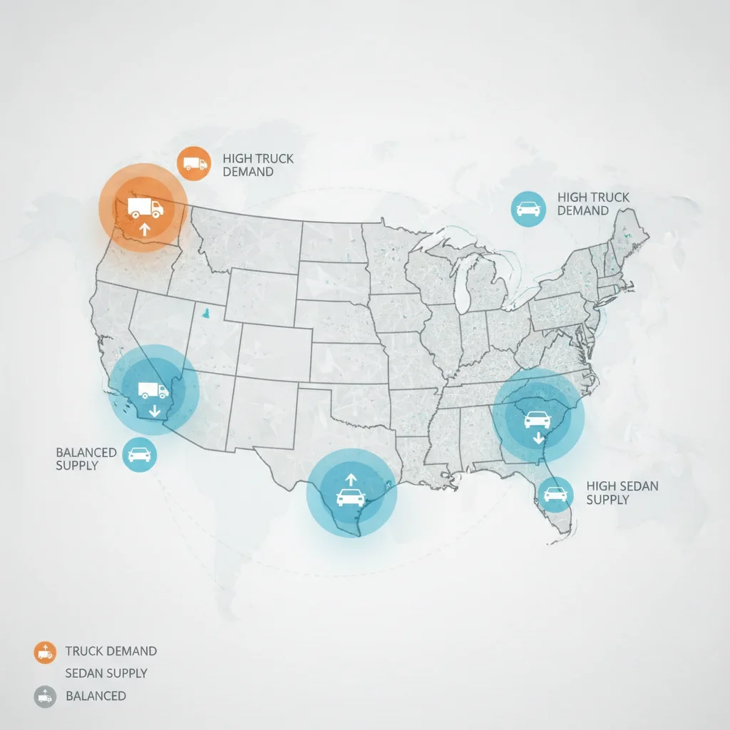 Illustrated US map showing regional vehicle demand variations with color-coded supply and demand indicators