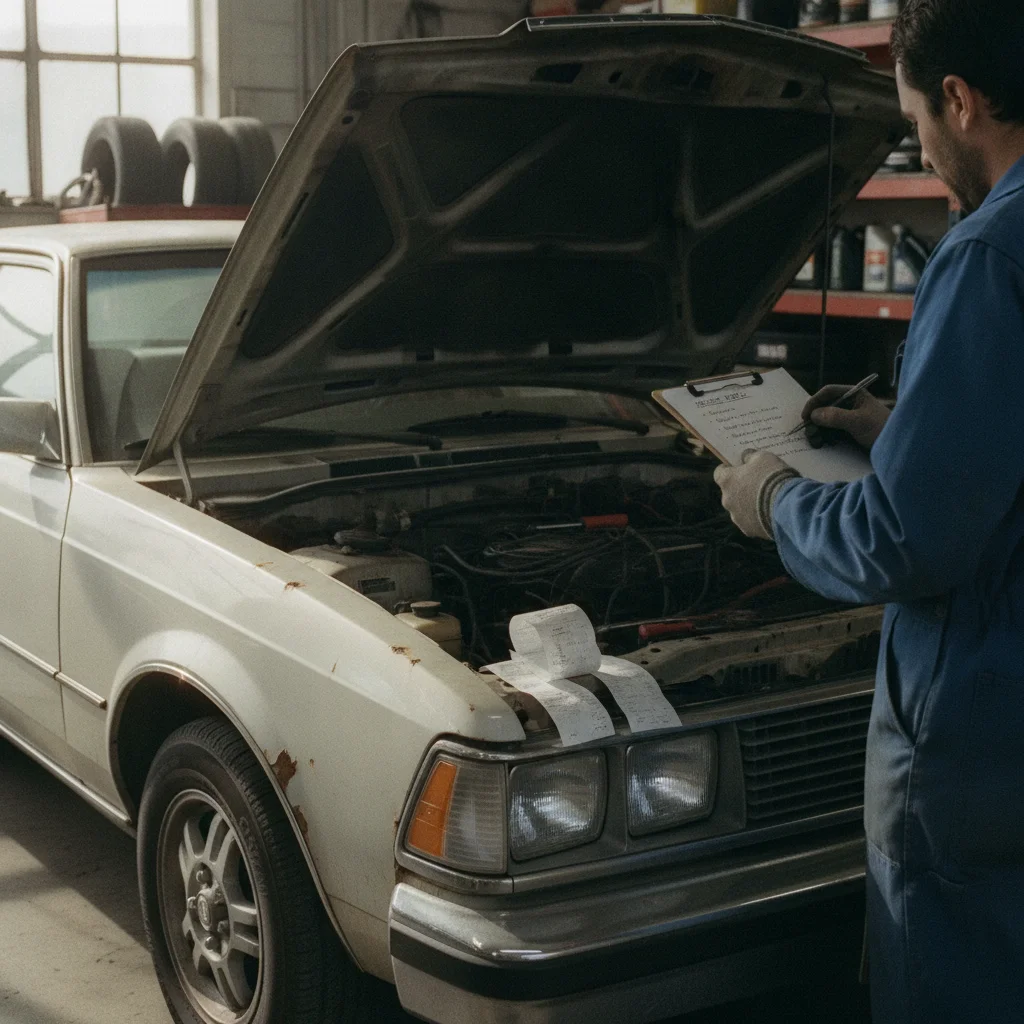Used car with open hood, service clipboard, and repair receipts displayed on fender in workshop setting
