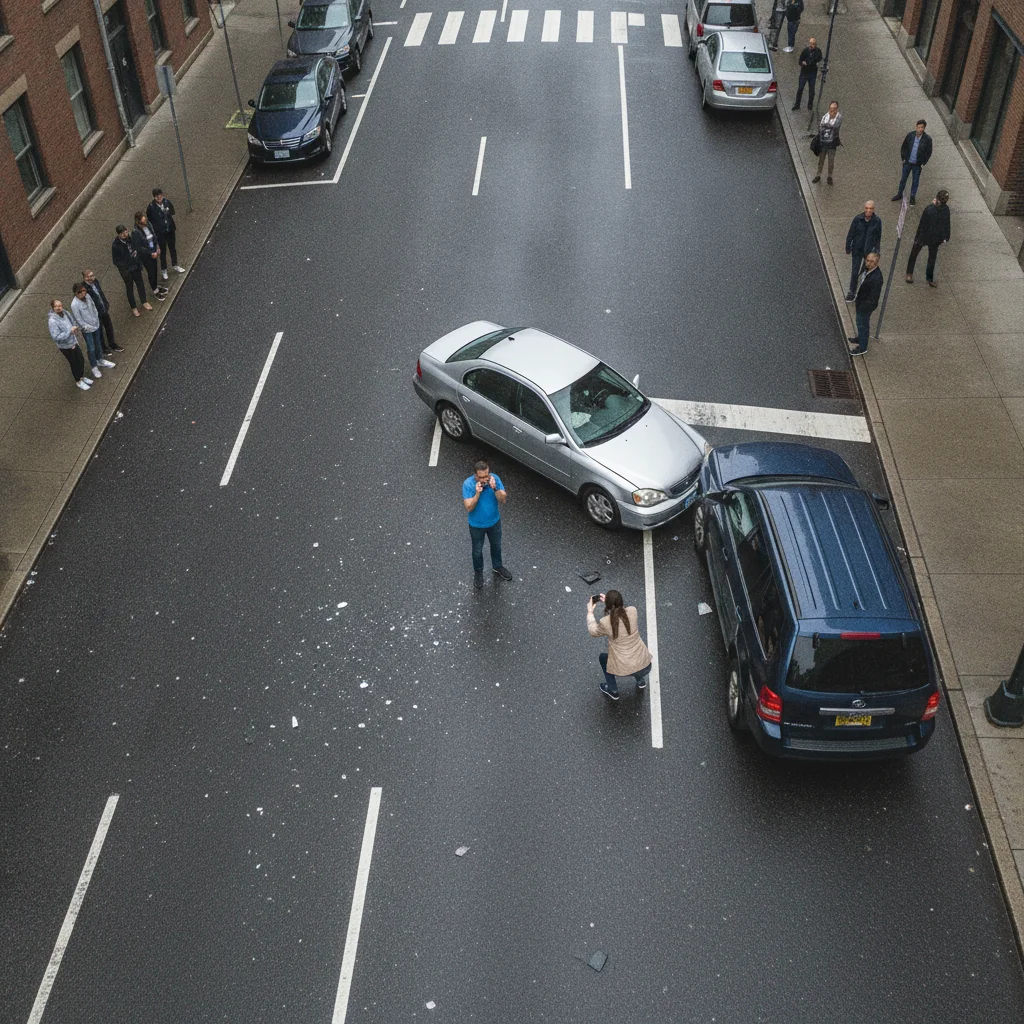 Two drivers at the scene of a minor car accident, one calling insurance and one photographing damage