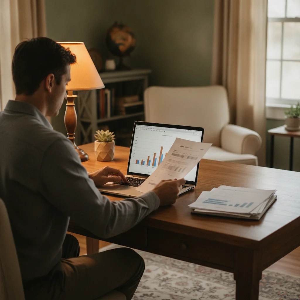 Driver reviewing auto insurance policy documents at home to understand their state's fault system