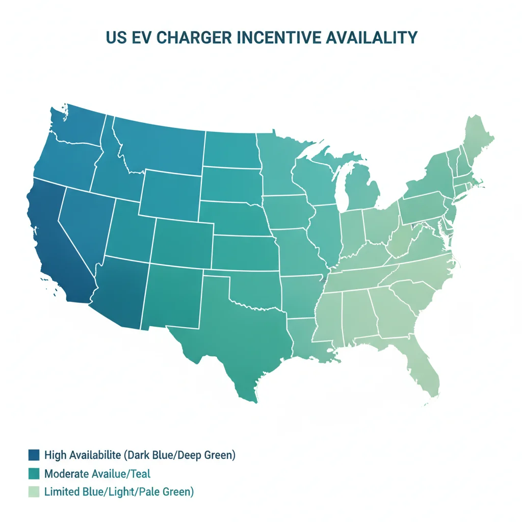 US map illustrating which states have active EV charger rebate and incentive programs highlighted in varying colors