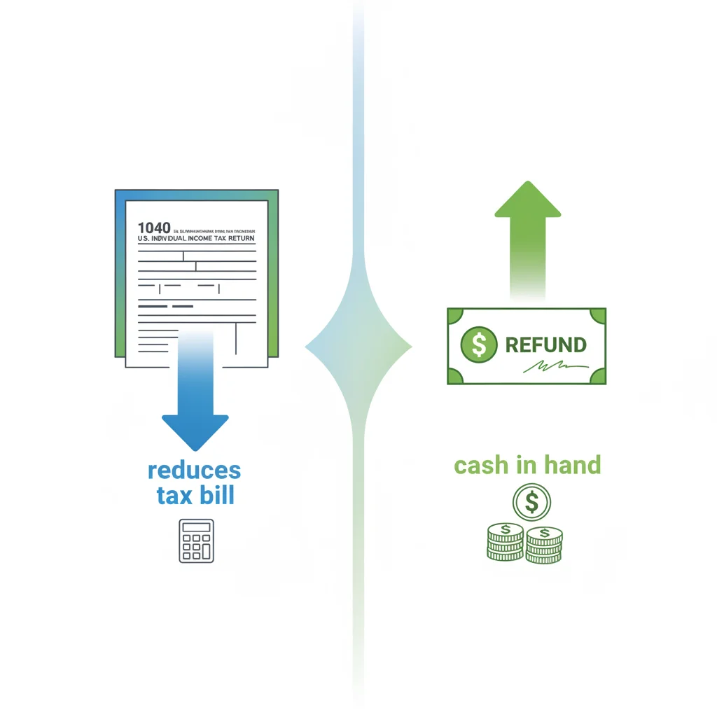Diagram contrasting how a tax credit reduces your IRS bill versus how a rebate delivers cash directly