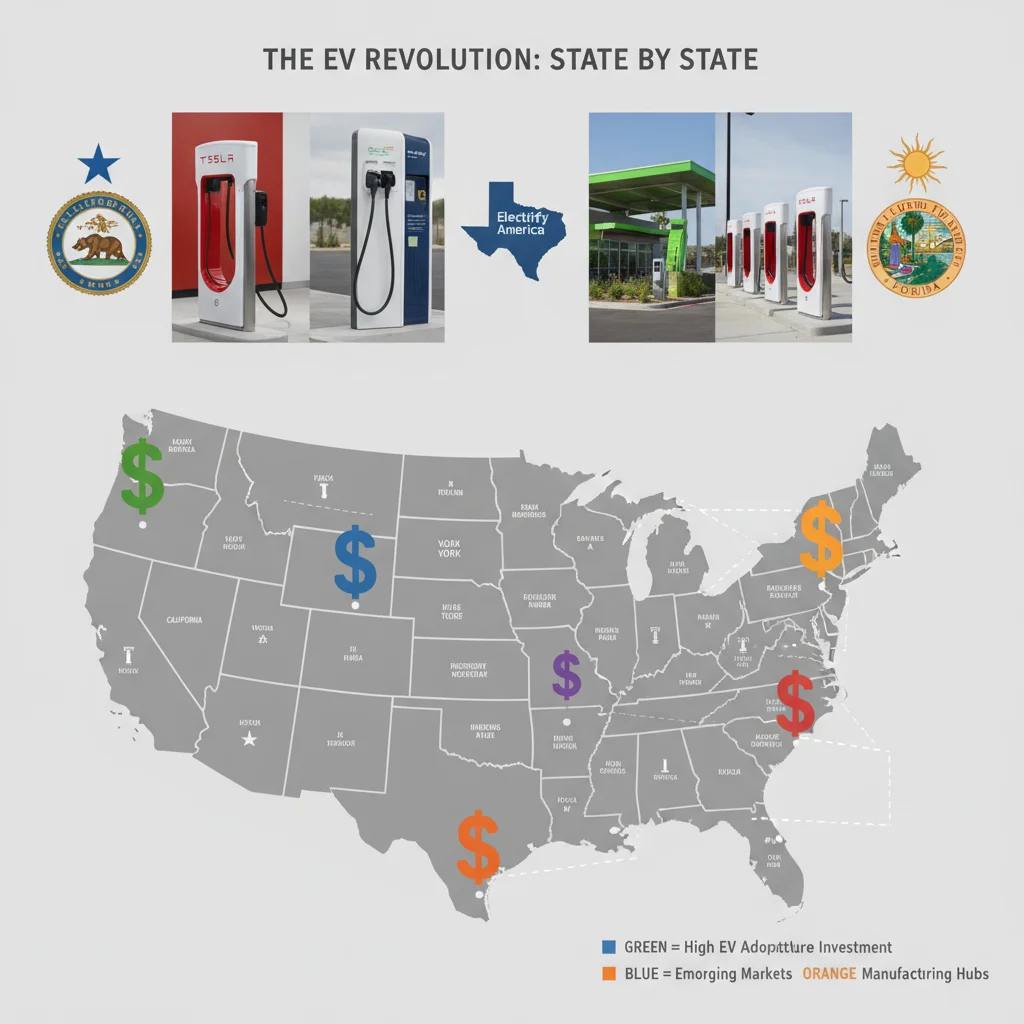 Map of the United States showing states with major EV rebate programs highlighted with dollar sign markers