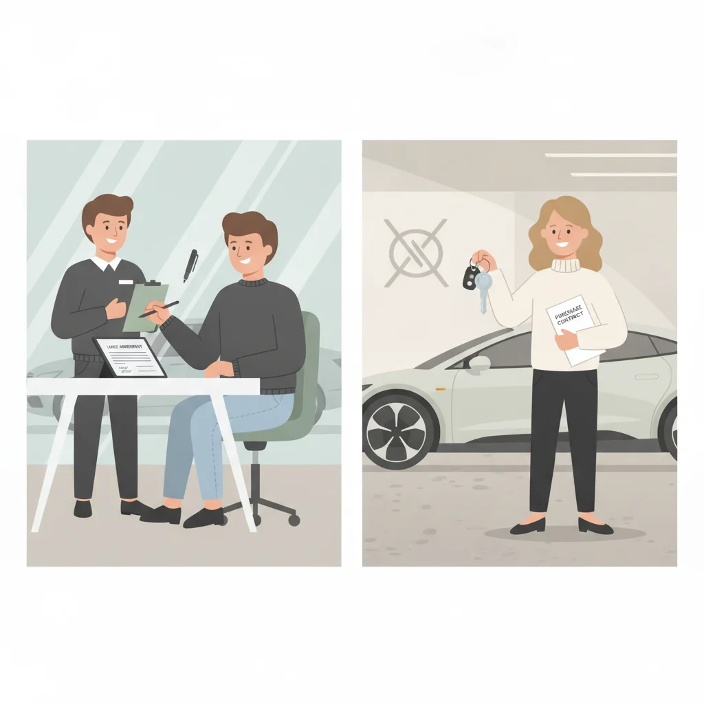 Illustration comparing EV lease signing versus outright purchase with tax credit implications shown