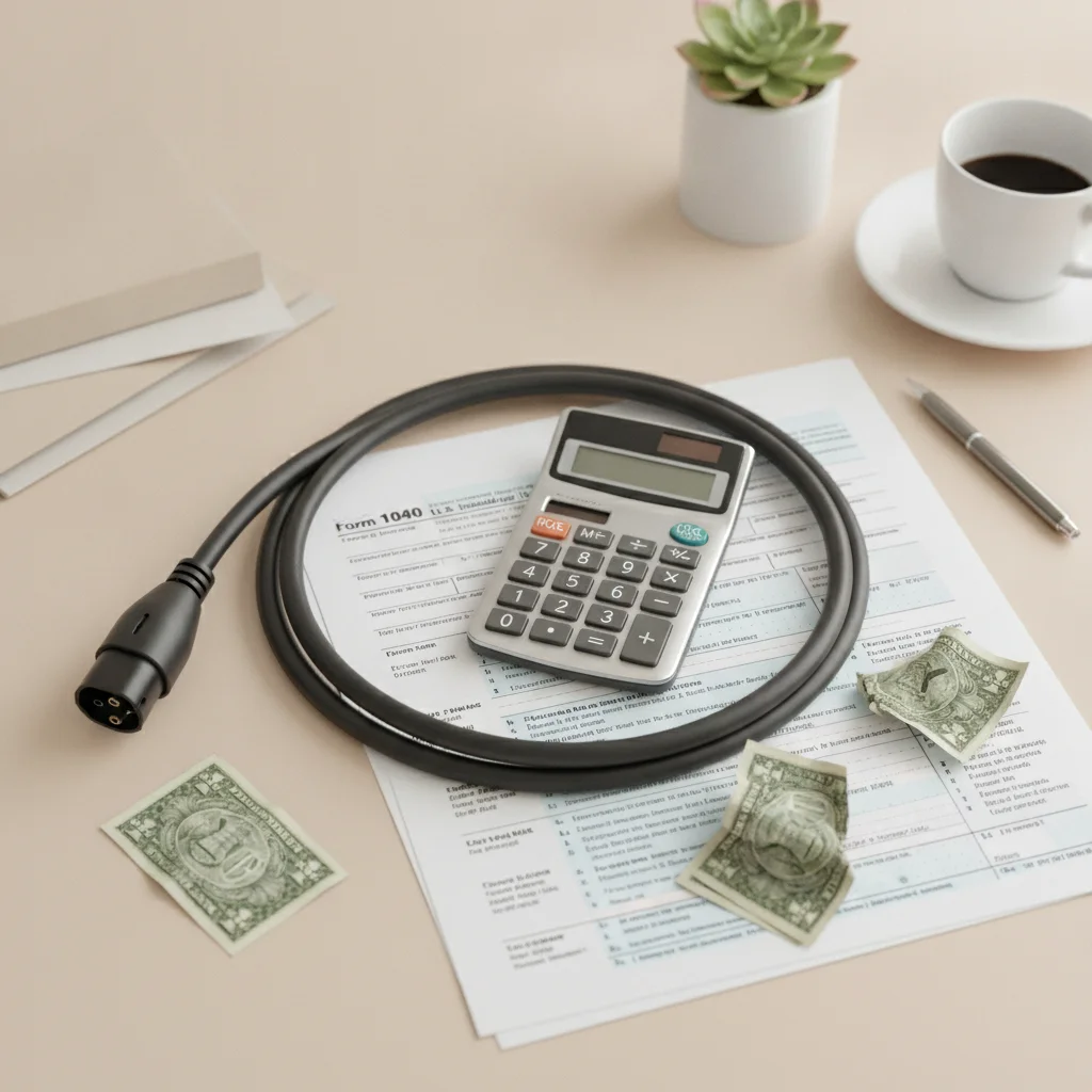 Calculator and EV charging cable on a desk beside tax forms representing total EV savings calculation