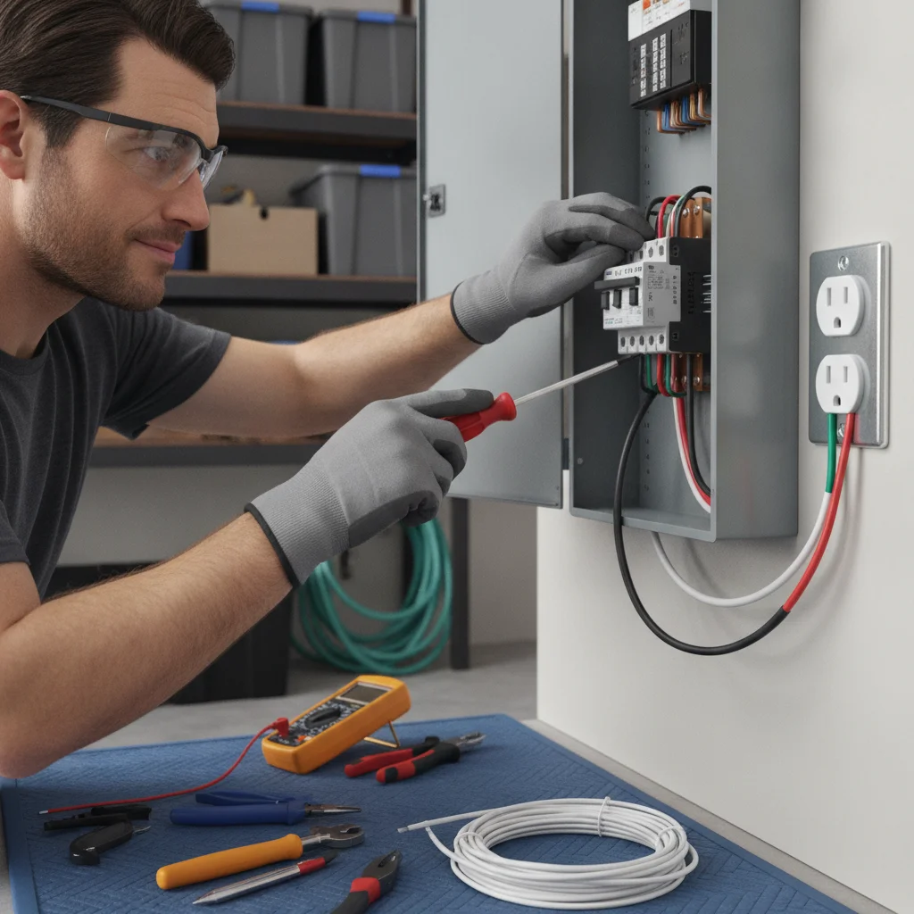 An electrician installing a dedicated 240V circuit in a home electrical panel for EV charging.