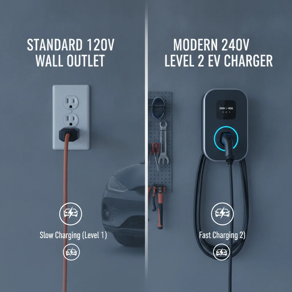 Side-by-side comparison of a standard 120V outlet and a Level 2 240V EV charger mounted on a garage wall.