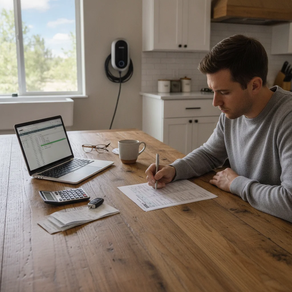 A homeowner completing IRS Form 8911 with EV charger installation receipts and a calculator on a desk.