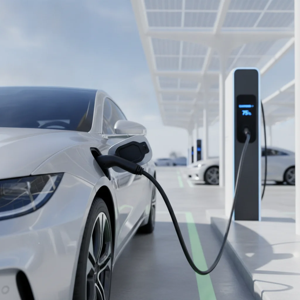 A silver battery electric sedan connected to a DC fast charger at an outdoor charging station.